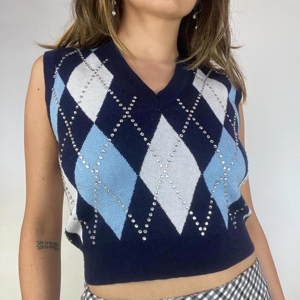 Rhinestone Argyle Sweater Vest By